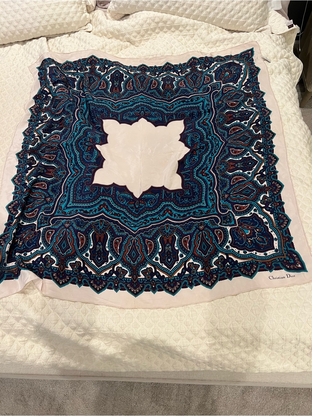 Dior Navy and Teal Paisley Silk Wrap 90”